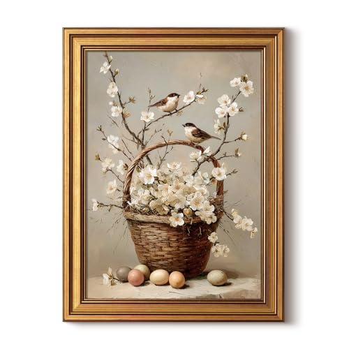 HUARCEY Gold Framed Canvas Wall Art, Bird Flower Basket Vintage Decor, Paintings Farmhouse Wall Decor, Retro Table Desk Decoration Bathroom Bedroom Living Room, 12x16Inch - color: Bird Flower Basket, size: 16"L x 12"W