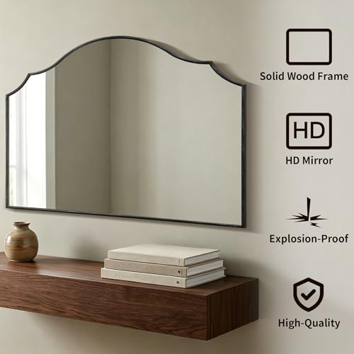 Besdomus Oversized Scalloped Black Mirror: 54"x34" Modern Minimalist Wood Frame Wall Mirror - Classical Fireplace Arched Mirrors for Bathroom/Dresser/Entryway/Living Room - Home Decor for Women - color: Black, size: 34"L x 54"W