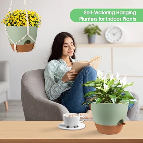 Hanging Planters for Indoor Outdoor Plants, 2 Pack Self Watering Hanging Pot with Drainage Holes, Removable Tray & 2 Kinds of Plant Hangers, 10'' Hanging Flower Pots for Home Garden Decor, Green - color: Ivory+black+green, size: 10''