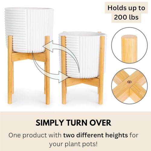 Fox & Fern Large Adjustable Plant Stand Indoor — 11 to 15 Inch Premium Mid Century Bamboo Plant Stand; Plug In Design; Easy Assembly; Two Heights - For 11, 12, 13, 14 & 15 Inch Pots (Not Included) - color: Bamboo, size: 11 - 15 Inch - Adjustable