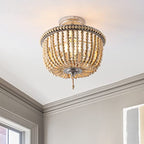 JONATHAN Y 14" Antique Silver/Light Taupe Wood Beaded LED Semi Flush Mount Light, Boho Farmhouse 3-Light Ceiling Chandelier with Cream Wood Bead Shade for Nursery, Bedroom (JYL9020B) - color: Antique Silver/Light Taupe