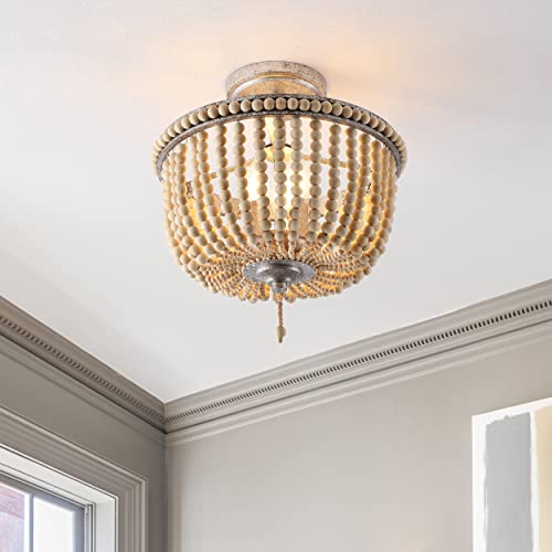JONATHAN Y 14" Antique Silver/Light Taupe Wood Beaded LED Semi Flush Mount Light, Boho Farmhouse 3-Light Ceiling Chandelier with Cream Wood Bead Shade for Nursery, Bedroom (JYL9020B) - color: Antique Silver/Light Taupe