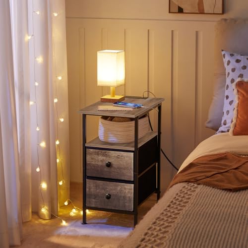 HOOBRO End Table with Charging Station, Narrow Side Table, Nightstand with 2 Non-Woven Drawers, Slim Sofa Side Table, for Small Spaces, Living Room, Bedroom, Greige and Black BG486UBZ01 - color: Greige + Black, size: 11.8"L x 18.9"W x 23.6"H