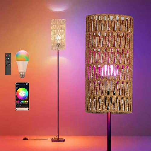 Ruiever Smart Floor Lamp for Living Room,Gaming - Remote, Timer Floor lamp with Remote, APP Control & RGB Standing lamp with Hand-Worked Rattan Shade Bluetooth Bulb Included (Bluetooth Bulb) - style: Bluetooth Bulb
