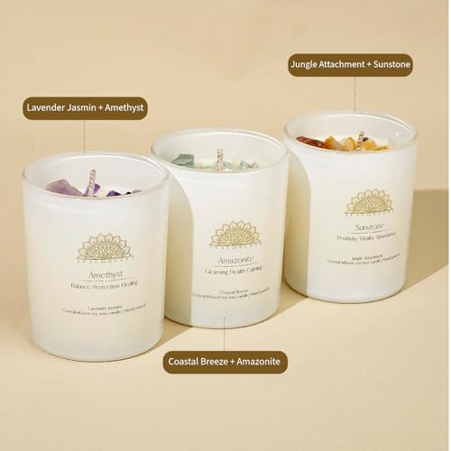 AvaConcept Healing Crystal Candle Gift Set – Set of 3 Amethyst, Amazonite & Sunstone Hand-Poured Soy Wax Lavender Jasmine, Coastal Breeze & Jungle Attachment Aromatherapy 3.5oz Each | Premium Gift Box - size: 3.5oz, style: Lavender Jasmine, Coastal Breeze
