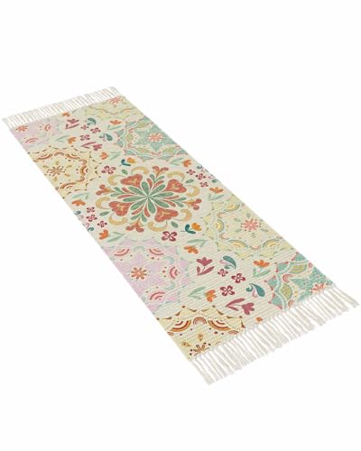 Beige Boho Hallway Runner Rug 2' x 5', Retro Ethnic Shabby Colorful Floral Patterned Washable Kitchen Runner Rug with Tassels, Laundry Room Rugs Woven Cotton Carpet for Bedroom Entryway Front Door - color: Multicolor Linen, size: 2' x 5' (Rectangular)