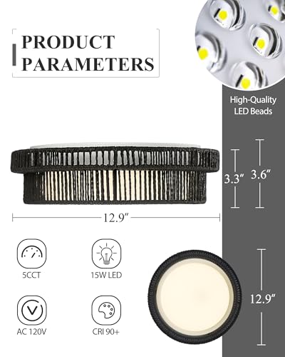 Black Rattan Ceiling Light, HWH 15W LED Woven Flush Mount Ceiling Light 13'' Boho Light Fixtures Ceiling Coastal Twine Lighting Fixtures for Bedroom Hallway, 5HYS78F-LED BK - color: Black, size: 13 Inch