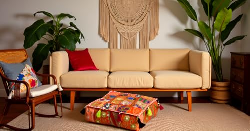 CRAFT KALA Indian Square Patchwork Traditional Pouf Cover Indian Living Room Poufs Decorative Embroidered Designer Ottoman Home Living Footstool Chair Cover Decor Pillow Cover 18x18x5 inches, Orange - color: Orange, size: 18"D x 18"W x 5"H