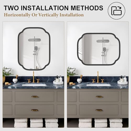 Ferytange Black Bathroom Mirror for Wall, 18" x 24" Rectangular Wall Mirror for Bathroom Metal Frame Farmhouse Rounded Corner Wall Mirror (Horizontal/Vertical) - color: Black, size: 24"L x 18"W