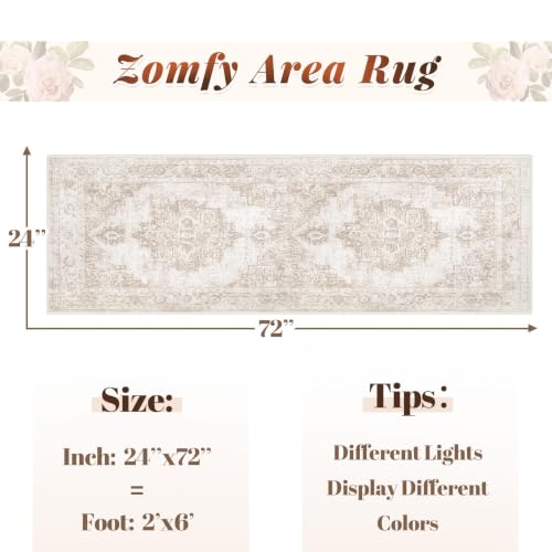 Area Rug 2x6 Runner Rug: Washable Vintage Hallway Rugs Indoor Medallion Rug Low Pile Distressed Floor Carpet Retro Accent Rugs for Kitchen Bedroom Bathroom Dining Room(Beige, 2'x6') - color: Beige, size: 2' x 6' (Rectangular)