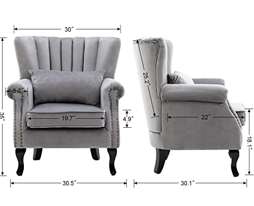 Kmax Grey Accent Chair Velvet Wingback Chair with Pillow Nail-Head Channel Tufted Oversized Club Chair for Living Room Bedroom Guest Room - color: Grey