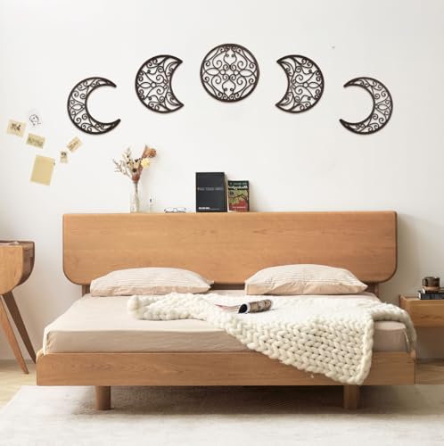 ASMANNA 5 Pcs Moon Wall Decor Wooden Moon Phase Wall Hanging Bohemian Style Bedroom Home Wall Pediment Bohemian Lunar Aesthetic Art for Bedroom Living Room Dorm Apartment Office(Brown) - color: Brown1