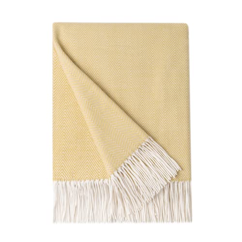 BOURINA Decorative Herringbone Faux Cashmere Fringe Throw Blanket Lightweight Soft Cozy for Bed or Sofa Farmhouse Outdoor Throw Blankets, 50" x 60", Light Yellow - color: Yellow, size: 50"x60"