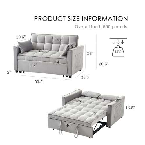 3-in-1 Loveseat Sleeper Sofa, Modern 55.5" Pull Out Couch, Velvet Upholstered Futon Sofa Bed with Adjustable Backrest, Convertible Sofa Bed with Storage Pockets for Living Room(Light Grey) - color: Grey