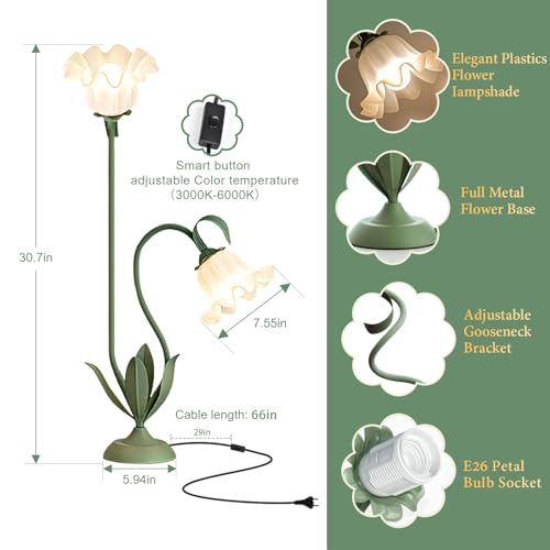 Cute Flower Table Lamp, Large Vintage Bedside Flower Lamp, 3 Colors Temperature Flower Lamp for Bedroom Living Room Bedside Reading Lighting Table Desk Lamps Home Decoration (Green) - color: Green