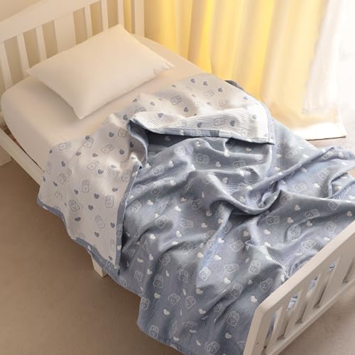 NTBAY 3 Layer Oversized Muslin Cotton Toddler Blanket, Jacquard Reversible Nursery Bed Blanket, Super Soft and Thermal for All Seasons, Baby Gift, 45"x60", Blue Rabbit - color: Blue Rabbit, size: 45x60 Inch (Pack of 1)