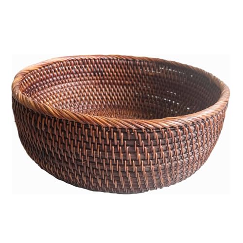 10 Inch Round Rattan Bowl Basket, Handmade Wicker Basket Tray with Scalloped Edge and 4”Deep Wall, Decorative Woven Dark Brown Bread Basket Fruit Bowl Key Holder Table Centerpiece, L - color: L - D9.8 x H3.5 inch