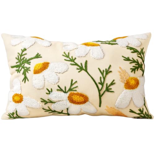 Embroidered Lumbar Pillow Cover - 20x12 Decorative Pillow Cover with Zipper Aesthetic Cute Design Boho Spring Summer Cozy Throw Pillowcase for Living Room Couch Sofa Bed, Daisy - color: Daisy, size: 20" x 12" (Pack of 1)