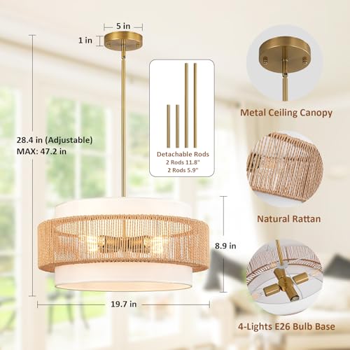 Boho Rattan Chandelier, 19.7" Large Boho Pendant Light with Fabric Lampshade, 4-Light Rattan Light Fixture Ceiling Hanging for Dining Room, Living Room, Bedroom, Kitchen Island, Hallway, Foyer - size: 19.7" Straight weaving