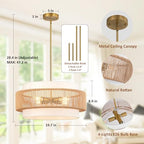 Boho Rattan Chandelier, 19.7" Large Boho Pendant Light with Fabric Lampshade, 4-Light Rattan Light Fixture Ceiling Hanging for Dining Room, Living Room, Bedroom, Kitchen Island, Hallway, Foyer - size: 19.7" Straight weaving