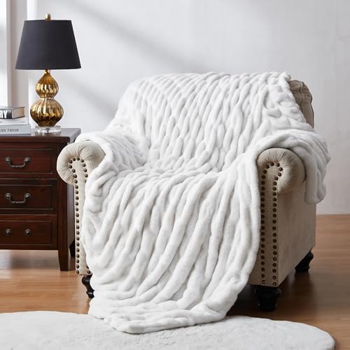 WDCOZY Ruched Faux Fur Throw Blanket Soft Cozy Fluffy Luxurious Blankets Couch Bed Sofa Chair Home Decor Warm Furry Fall Winter Plush Rabbit Fur Bubble Blanket 50" x 60", Ivory Cream White - color: White, size: Throw (50" x 60")