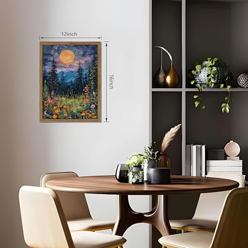 Framed Nature Forest Canvas Wall Art, Full Moon above Wildflowers and Woodland Painting, Midnight Floral Trees Art Print, Farmhouse Nature Wall Decor for Bedroom Living Room 12x16 inch - color: Ink Landscape Painting, size: 16"L x 12"W