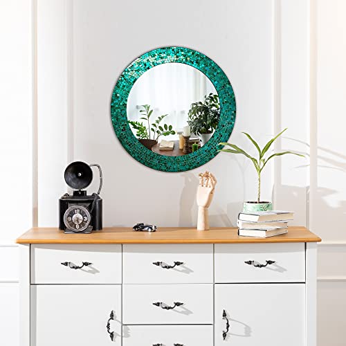 24" Round Rainbow Mosaic Wall Mirror, Multicolor Glass Tile Frame, Bohemian Decorative Accent Mirror for Living Room, Bathroom, Bedroom, Entryway, Wall Mount (Turquoise) - color: Turquoise