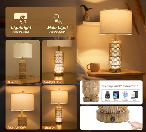 OYEARS 25" Table Lamps Set of 2 with Night Light,Bedside Lamps for Bedroom,Boho Lamps with USB C+A Charging Ports,Farmhouse Table Lamp with Rattan,Frosted Glass,Linen Shade (Wood Grain,Bulb Included) - color: Wood-Grain