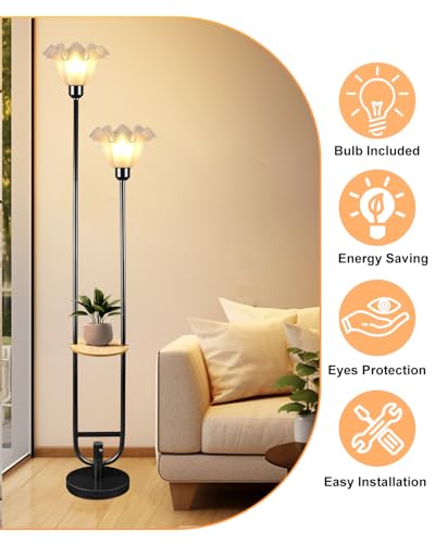 Flower Floor Lamps with Table, 2-Lights Floral Floor Lamp Dimmable, 3000K Warmwhite Modern Floor Lamp, Vintage Black Standing Lamp with 5Lbs Heavy Base for Living Room Bedroom Girls Room - color: 2 Flower-Black