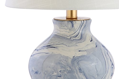 JONATHAN Y 20.5" Blue/White Marbleized Ceramic Table Lamp, Contemporary Traditional Bedside Lamp for Living Room, Gold Accents, White Linen Empire Shade, LED Bulb Included JYL3007A