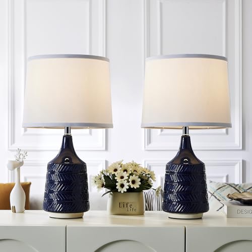 Dark Blue Ceramic Table Lamps Set of 2, 18.5" Modern Bedside Lamps for Night Stands, Classic Small Lamps for Living Room End Tables, Farmhouse Boho Lamp for Bedroom Office, LED Bulbs Included - color: dark blue