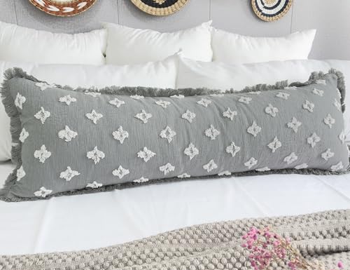 Boho Long Lumbar Pillow Cover 12x48 with Tassel Fringe,3D Flower Patterned Extra Decorative Long Lumbar Pillow Cover Case for Sofa Couch Bed Livingroom Farmhouse,Blue Grey - color: Blue Grey, size: 48" x 12" (Pack of 1)