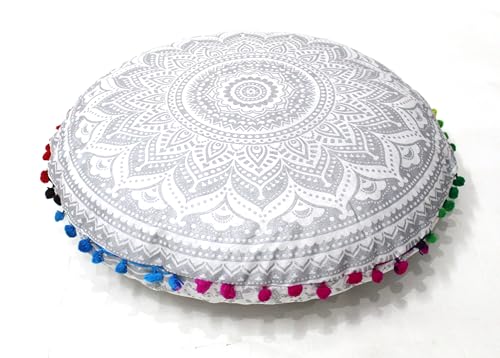 CRAFT KALA Boho Large Floor Pillow Pouf Cover Mandala Meditation Room Pillow Cover for Adults Round Bohemian Seating Pouf Cushion Cover for Kids Playroom 22" Silver Matellic Ombre - color: Silver Matellic, size: 22" x 22" (Pack of 1)