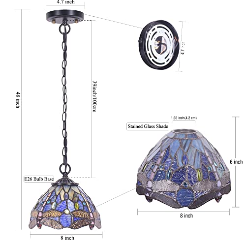 Small Tiffany Pendant Light 8 inch Tiffany Style Stained Glass Pendant Hanging Lamp Small Vintage Hanging Light Fixtures for Home Living Room Restaurant Hallway (Blue Dragonfly Style) - color: Blue Dragonfly Style