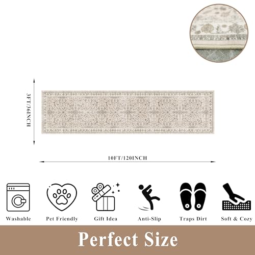 3x12 ft Long Kitchen Runner Rug - Non-Slip Washable Hallway Rug with Rubber Backing,Boho Floral Soft Low Pile Floor Carpet Runner for Entryway,Bedroom,Living Room（Beige,3x12） - color: Beige, size: 3' x 12' (Rectangular)