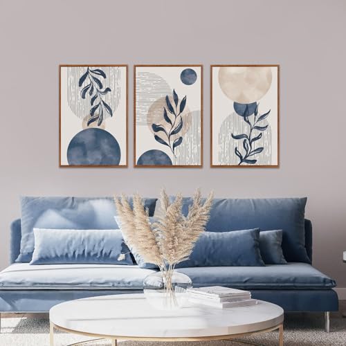 KAIRNE Boho Plant Wall Art Set of 3,Blue Bohemain Framed Canvas,Abstract Geometric Line Wall Painting,Modern Nature Prints,Botanical and Moon Wall Art for Living Room Bedroom Office - 3Pieces,16”X24” - color: Blue and White Wall Art, size: 16"Lx24"W