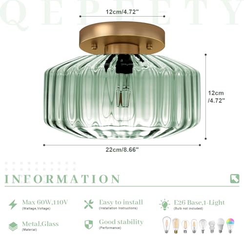 Sage Green Ribbed Glass Semi-Flush Mount Ceiling Light, 8.66" Mid-Century Modern Gold Light Fixture, E26 Base 1-Light Ceiling Lamp for Bedroom Bathroom Kitchen Hallway - color: Small, 8.66" Mint Green