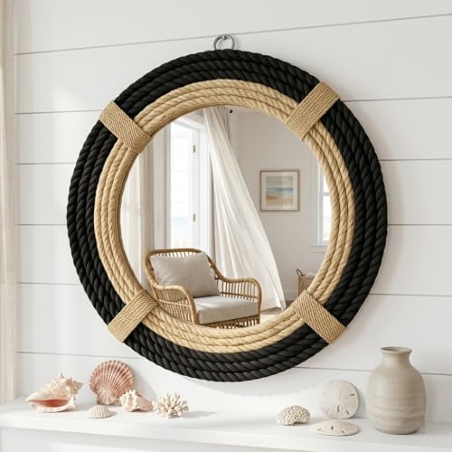 12" Inch Round Rustic Farmhouse Boho Shabby Chic Wall Hanging Mirror with Natural Jute Rope Decor Accent for Entryway, Bedroom, or Living Room (Color 1) - color: Color 1