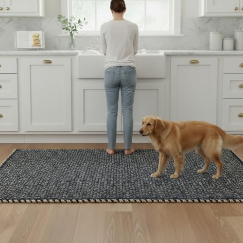 Navy 3x5 Jute Rug Braided Construction - Farmhouse Woven Carpet - Nautical Floor Covering for Bedroom Laundry Room, 3' x 5' - color: Navy, size: 3' x 5'