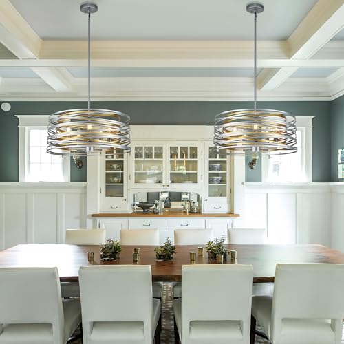 ACNKTZ 19.7'' Double Round Metal Chandelier, 5-Light Modern Farmhouse Dining Room Lights Over Table, Gold Chandelier for Hallway Kitchen Island Entryway Stairwell, Silver with Gold Interior - color: Silver with Gold Interior, size: 19.7"/5-Light