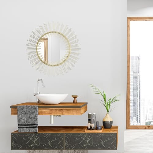 Edvivi Round 31" Antique Gold Sunburst Hanging Wall Mirror with Metal Frame, Decorative Mirror for the Living Room, Bedroom, Bathroom, Hallway, and Entryway - color: Gold