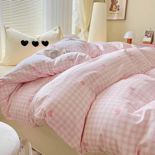 Nanko Pink Gingham Duvet Cover Full Size, 3 pcs Plaid Checked Grid Heart Pattern Printed Microfiber Bedding Comforter Cover Set, All Season Soft Geometric Quilt Cover for Girl 80x90 inch - color: Cover(no Comforter)-pink Plaid, size: Full
