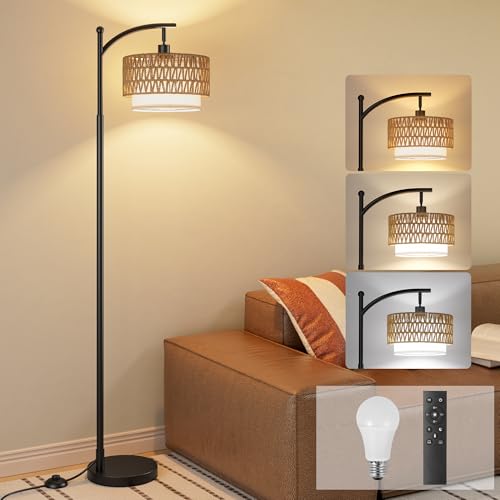 Ambimall Arc Floor Lamp for Living Room with Remote, Color Temperature & Brightness Adjustable, Boho Standing Lamp with Rattan & Fabric Double Drum Shades, Bulb Included(Black) - color: Black Rustic