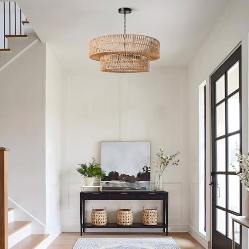 26 Inch Boho Rattan Chandelier, 6-Lights Hand Woven Bohemian Chandeliers with 2-Tier Drum Wicker Shade, Modern Farmhouse Large Pendant Light Fixture for Dining Room Living Entryway Bedroom - color: Black Metal, size: 26 Inch