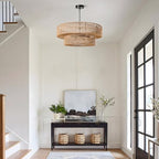 26 Inch Boho Rattan Chandelier, 6-Lights Hand Woven Bohemian Chandeliers with 2-Tier Drum Wicker Shade, Modern Farmhouse Large Pendant Light Fixture for Dining Room Living Entryway Bedroom - color: Black Metal, size: 26 Inch