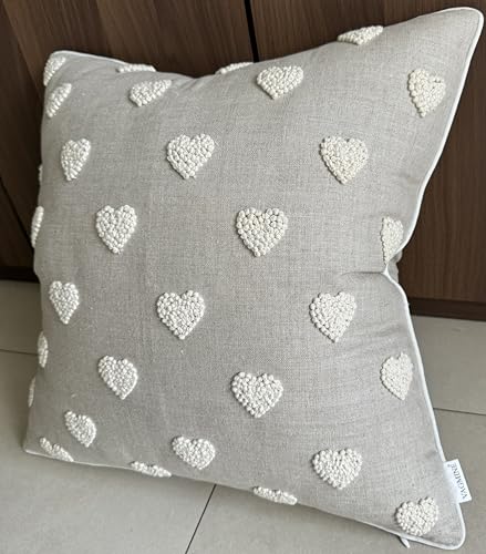 VAGMINE Hand Embroidered Heart Tufted 18x18 Throw Pillow Cover - Natural Linen Square Cushion for Sofa Couch Bed Nursery - Boho Valentine Decor - French Knots - color: Natural-french Knots, size: 18" x 18" (Pack of 1)