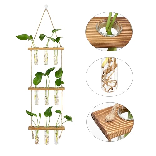 Hyindoor Wall Hanging Propagation Stations 3 Tired Wall Planter Terrarium with Wooden Stand and Glass Test Tubes Plant Hanger Flower Vase for Home Office Wall Decor Hydroponic Cuttings - size: Medium-9 Tubes