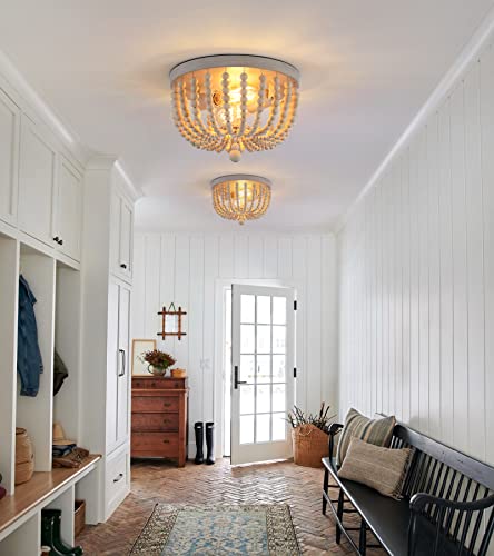 Q&S Boho Chandelier Wood Beaded Flush Mount Ceiling Light Fixtures for Nursery Baby Bedroom Kitchen Hallway,Oak White Finish,2-Lights - color: Ceiling-2OAK