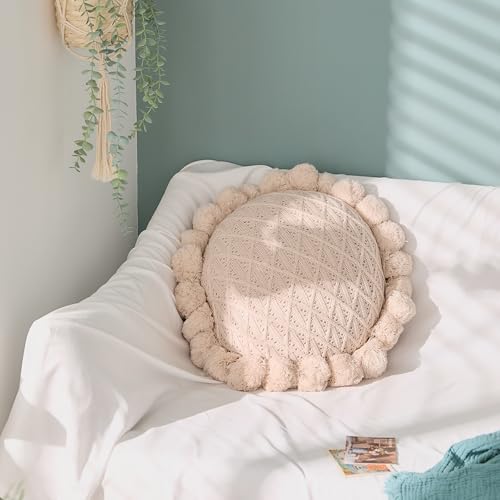 Acrylic Knitted Round Throw Pillow Knitting Bohemian Circular Cushion Pillow with Knit Handmade Pompoms Decorative Lotus Pink, Diameter 18inches - color: Lotus Pink