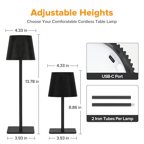 LUTEC 4 Pack Cordless Table Lamp,6000mAh Rechargeable Battery Operated Desk Lamp,Two Adjustable Heights,Waterproof, Touch Control & 3 Color Stepless Dimming for Restaurant/Bedroom/Bars/Outdoor (Black) - color: Black